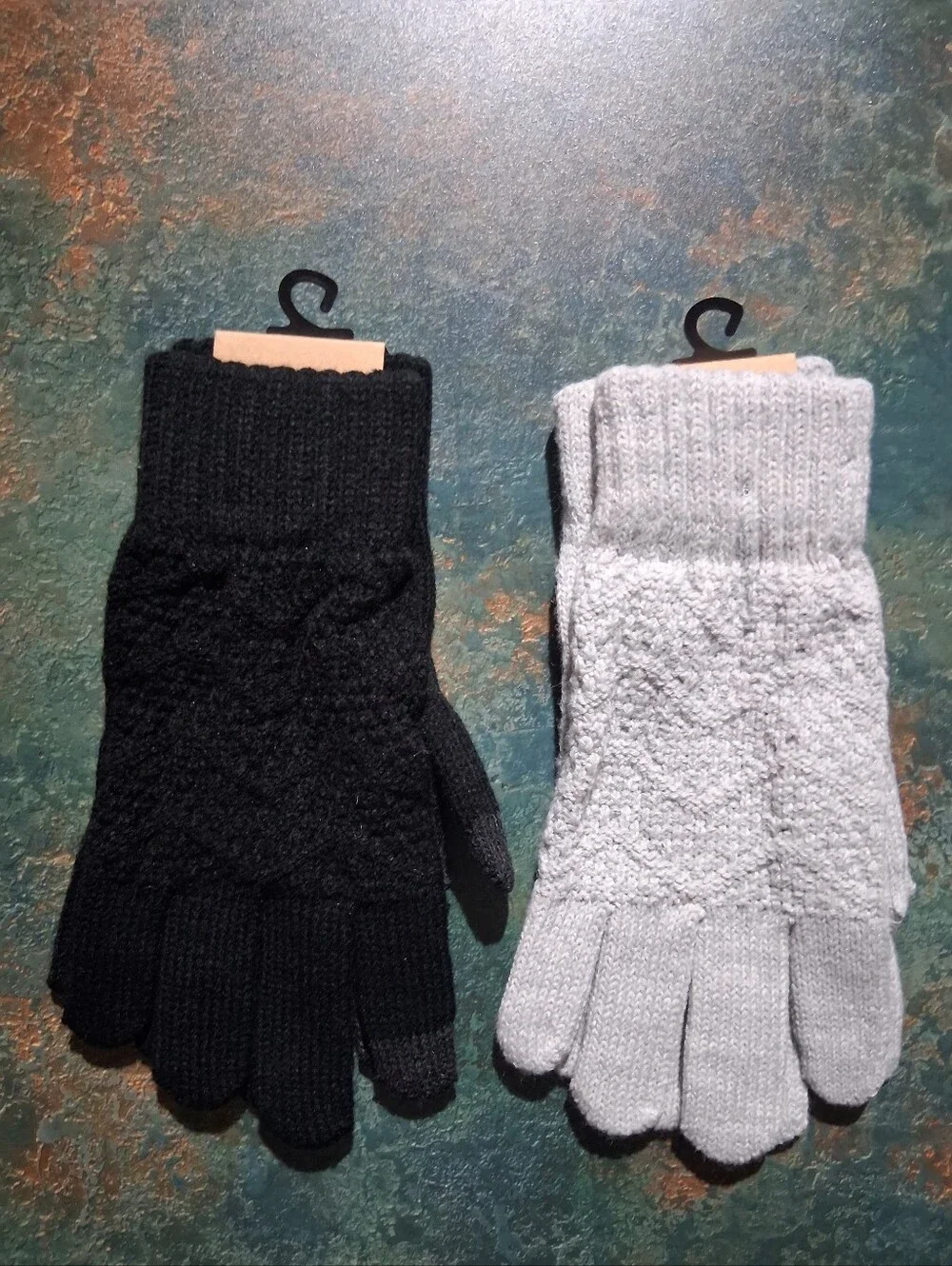 BearPaw Two-Pack Texture Knit Touchscreen Gloves - Black & Light Gray